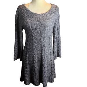 Free People Gray Cable Knit Sweater Dress, A-Line, Bell Sleeves, Wool, Small